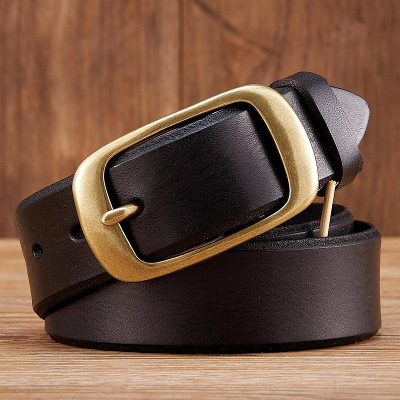 Wide Brass Buckle Leather Belt