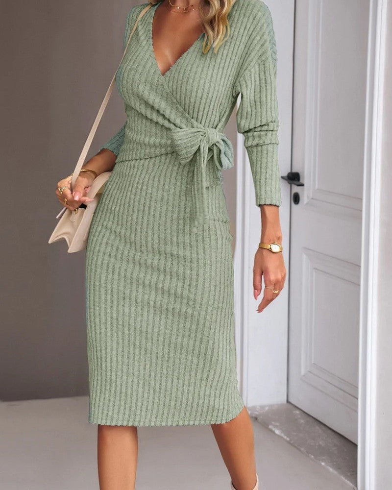 Xanthe Ribbed Wrap Knit Midi Dress