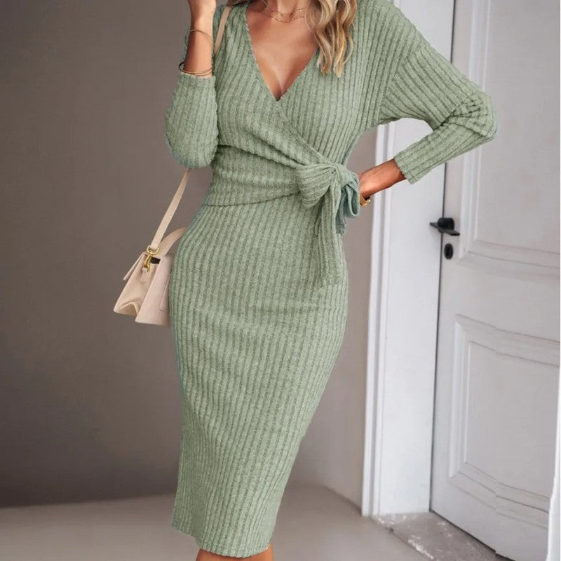 Xanthe Ribbed Wrap Knit Midi Dress